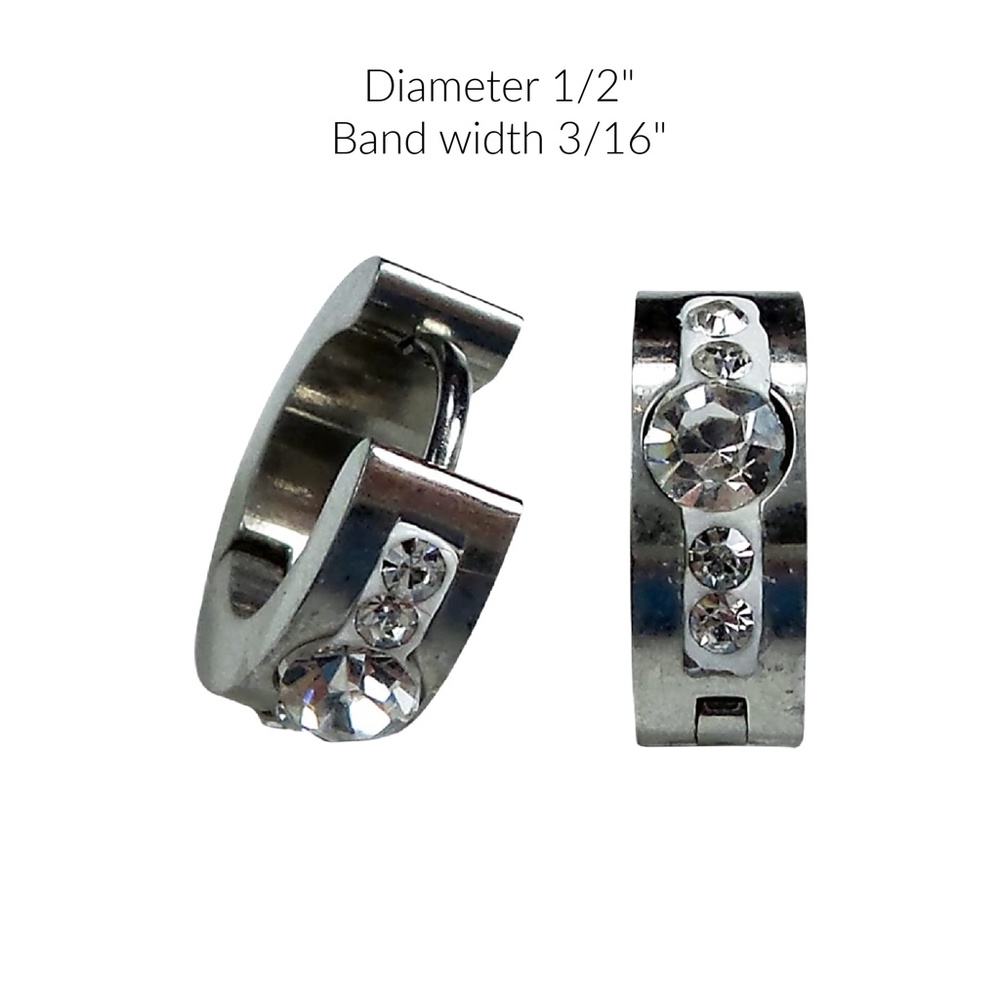 Stainless Steel Huggie Earrings with 5 Clear Crystals - Picture 2 of 3